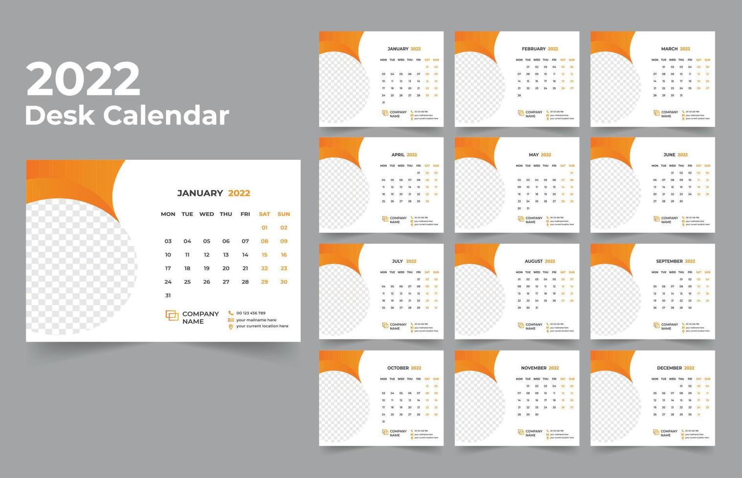 bureaukalender ontwerp 2022 sjabloonset van 12 maanden, week begint maandag, briefpapierontwerp, kalenderplanner vector