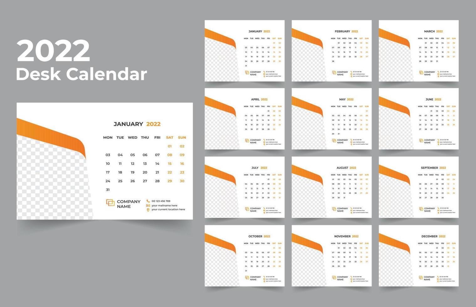 bureaukalender ontwerp 2022 sjabloonset van 12 maanden, week begint maandag, briefpapierontwerp, kalenderplanner vector