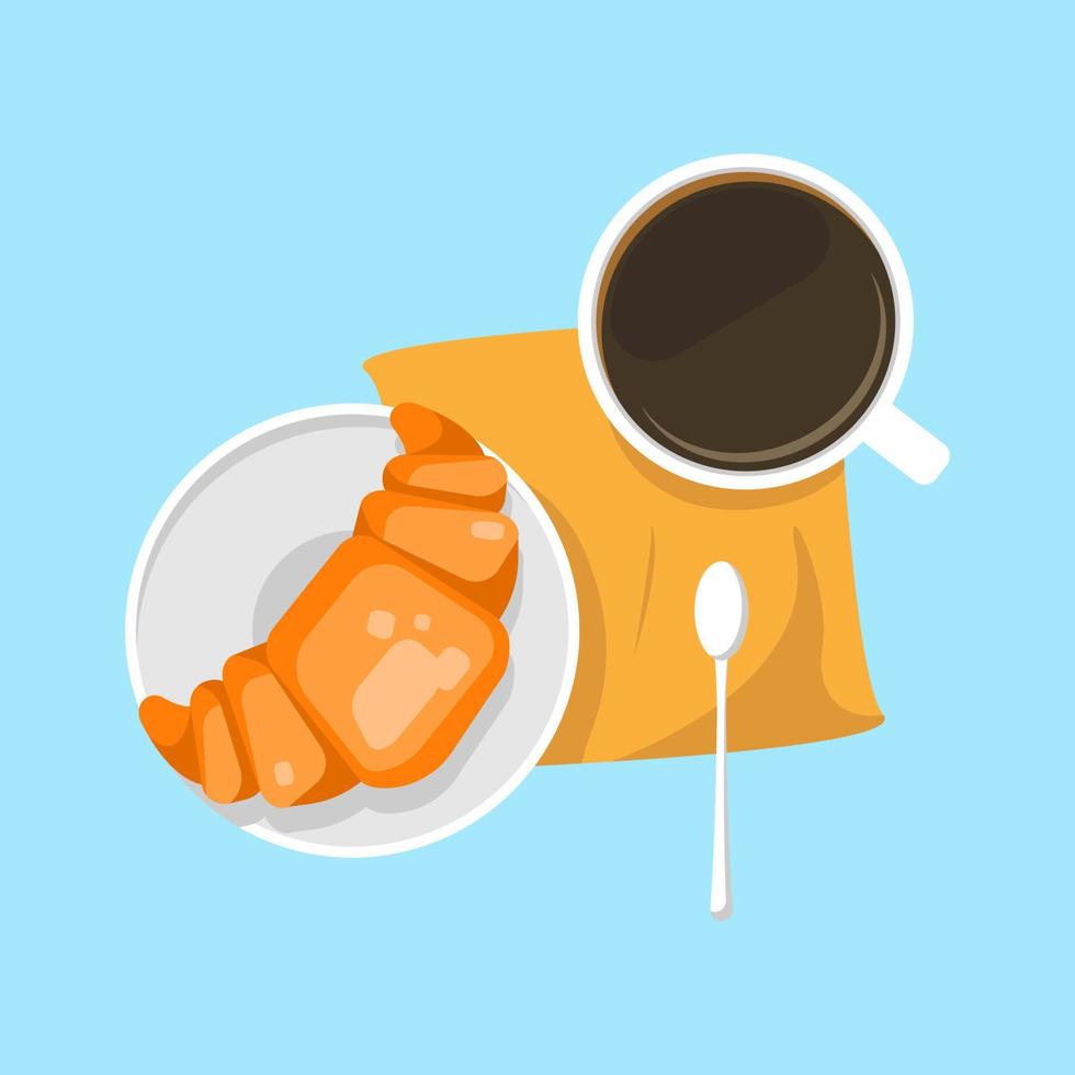 Italiaans ontbijt, croissant met een kopje koffie platte ontwerp illustratie in bovenaanzicht. voorraad vector eps10