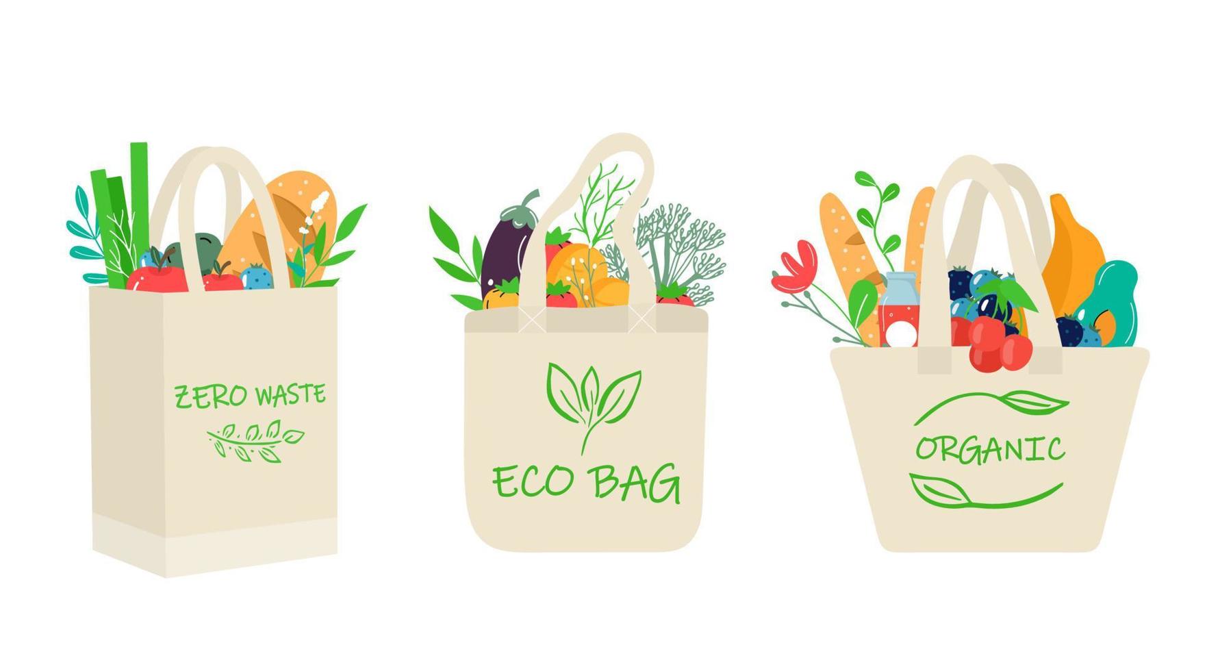 set eco-winkelnetten met groenten, fruit en gezonde drankjes. zuivelvoedsel in herbruikbare milieuvriendelijke shoppertas. geen afval, plasticvrij concept. plat trendy ontwerp vector