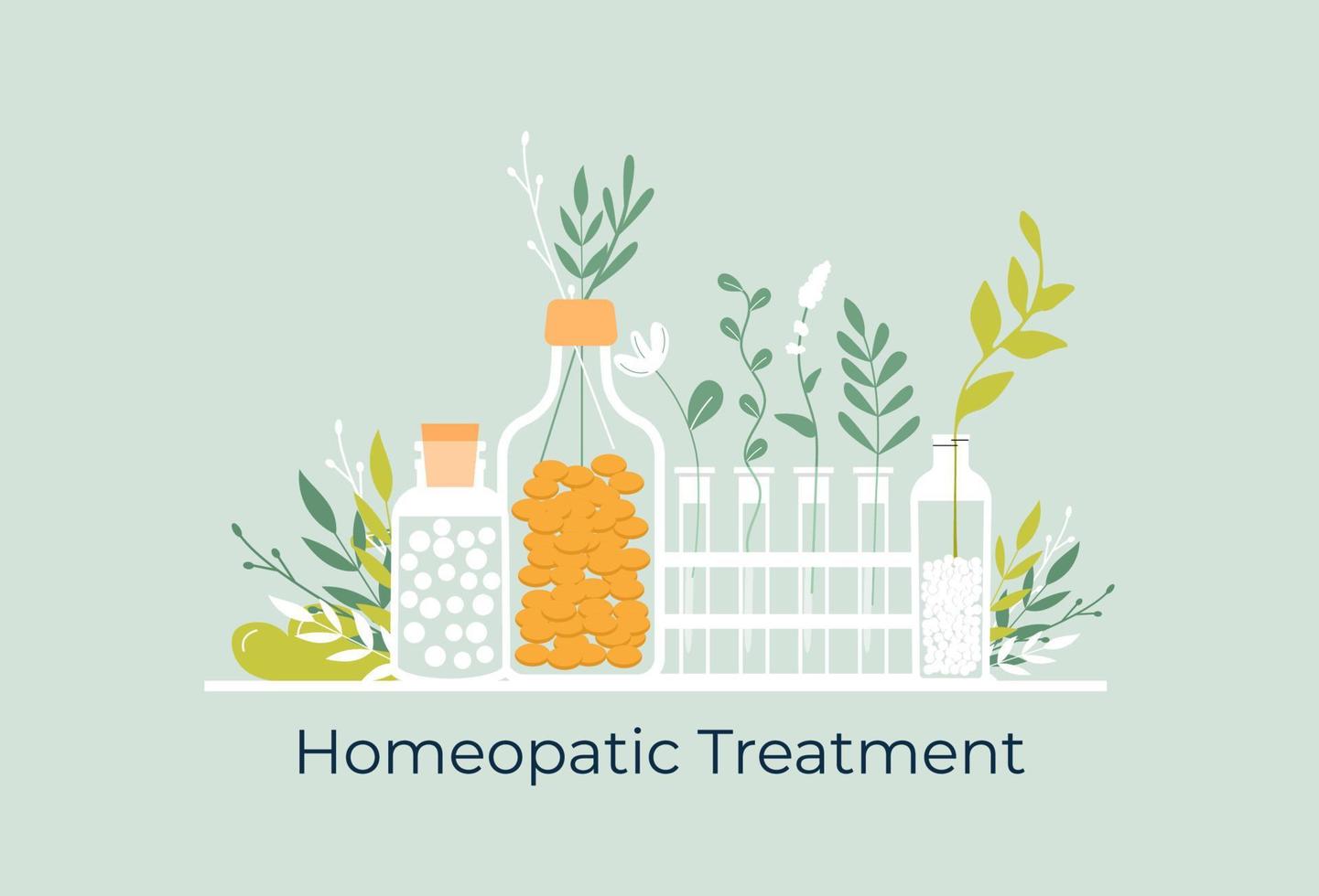 groene biologische natuurlijke homeopathische pillen in glazen potten. homeopathie behandeling kruiden alternatieve geneeskunde, essentiële natuurlijke olie, kruidenapotheek, voedingssupplement. platte vector