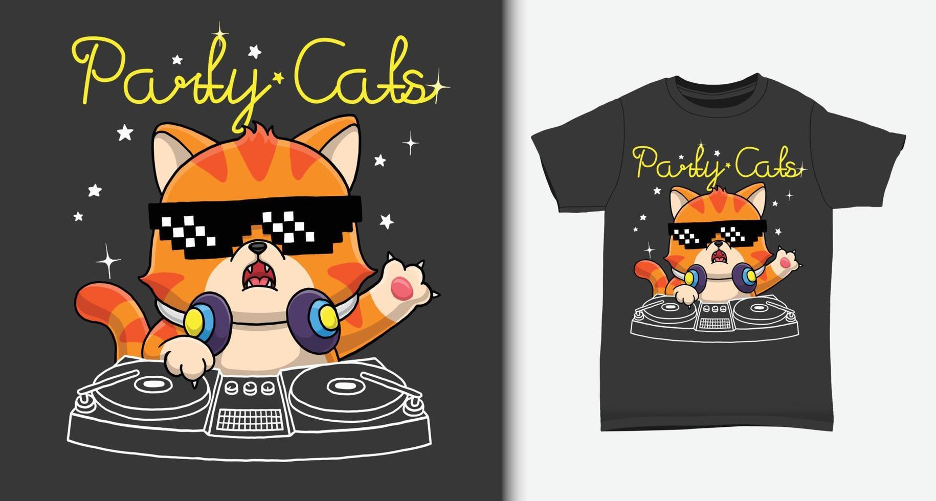 coole kat disc jockey cartoon. met t-shirtdesign. vector