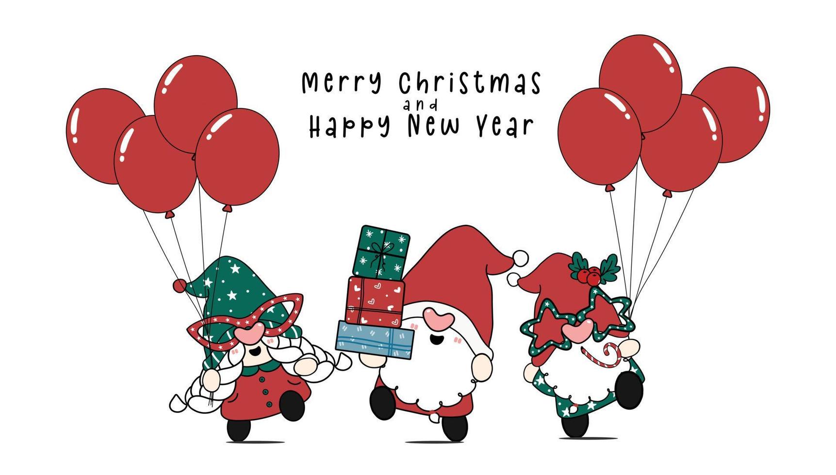 schattige drie kabouters in kerstjurk met huidige dozen, gelukkig nieuwjaar en vrolijke kerst cartoon doodle elf vector