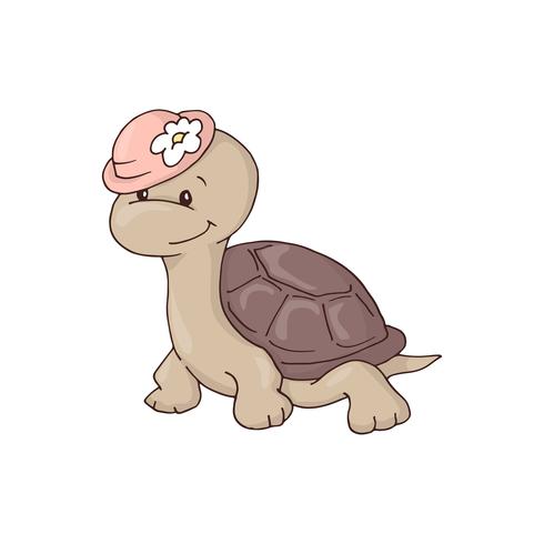 De leuke charmante schildpad van het meisjesbeeldverhaal in een hoed met een bloem. vector