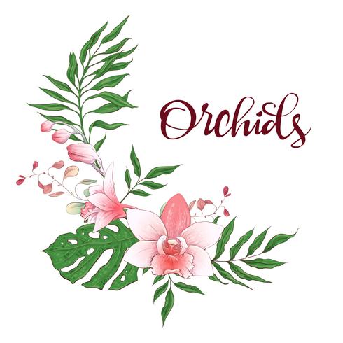 Bloemen ontwerpkader. Orchidee, eucalyptus, groen. Trouwkaart. vector