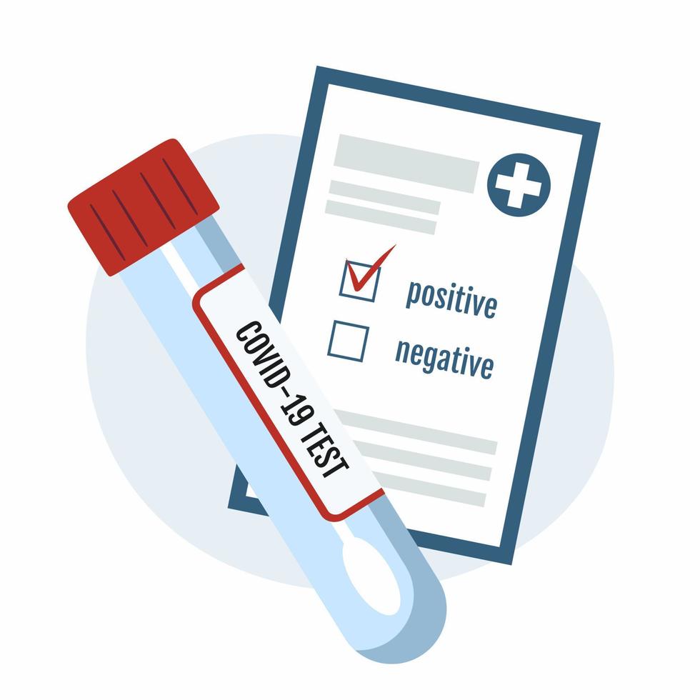 covid-19-test. reageerbuis met wattenstaafje en formulierresultaten van studie. vector