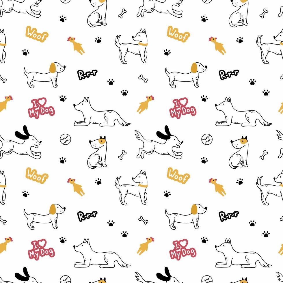 hond in doodle stijl. naadloos patroon met huisdieren voor het naaien van kinderkleding, bedrukking op stof en verpakkingspapier. bezet met dieren. vector