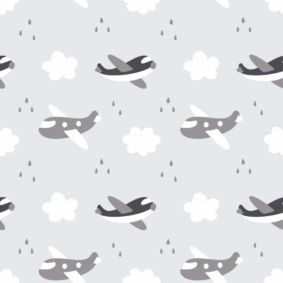 naadloze patroon van vliegtuig in de lucht. wolk en regen. grijze achtergrond voor het naaien van kinderkleding. behang voor de jongenskamer. bedrukking op stof, textiel en verpakkingspapier. vector