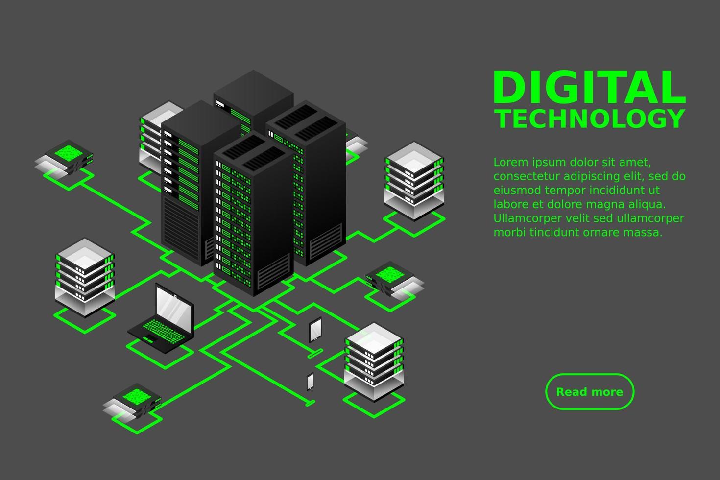 concept van datanetwerkbeheer .vector isometrische kaart met zakelijke netwerkservers, computers en apparaten vector