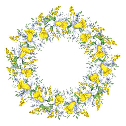 Heldere lente krans met narcissen en vergeet-mij-nietjes. Vector illustratie.