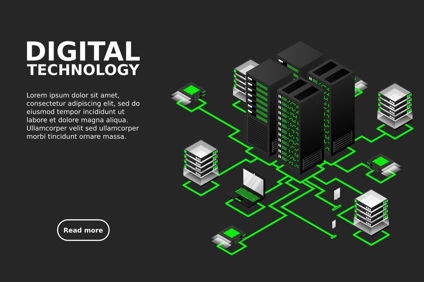 concept van datanetwerkbeheer .vector isometrische kaart met zakelijke netwerkservers, computers en apparaten vector