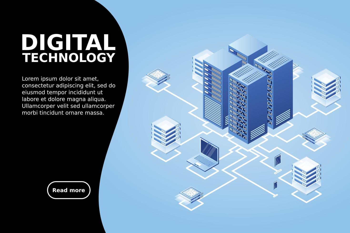 concept van datanetwerkbeheer .vector isometrische kaart met zakelijke netwerkservers, computers en apparaten vector