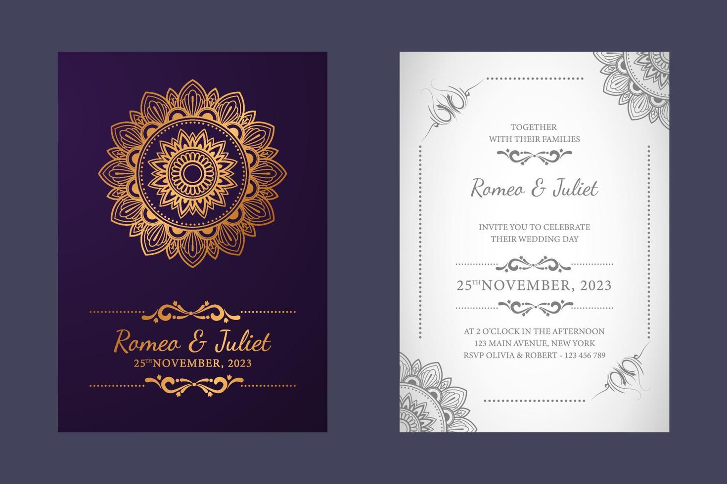 bruiloft uitnodiging kaart ontwerpsjabloon. dubbelzijdige vouwtypes met luxe bloemenmandala vector