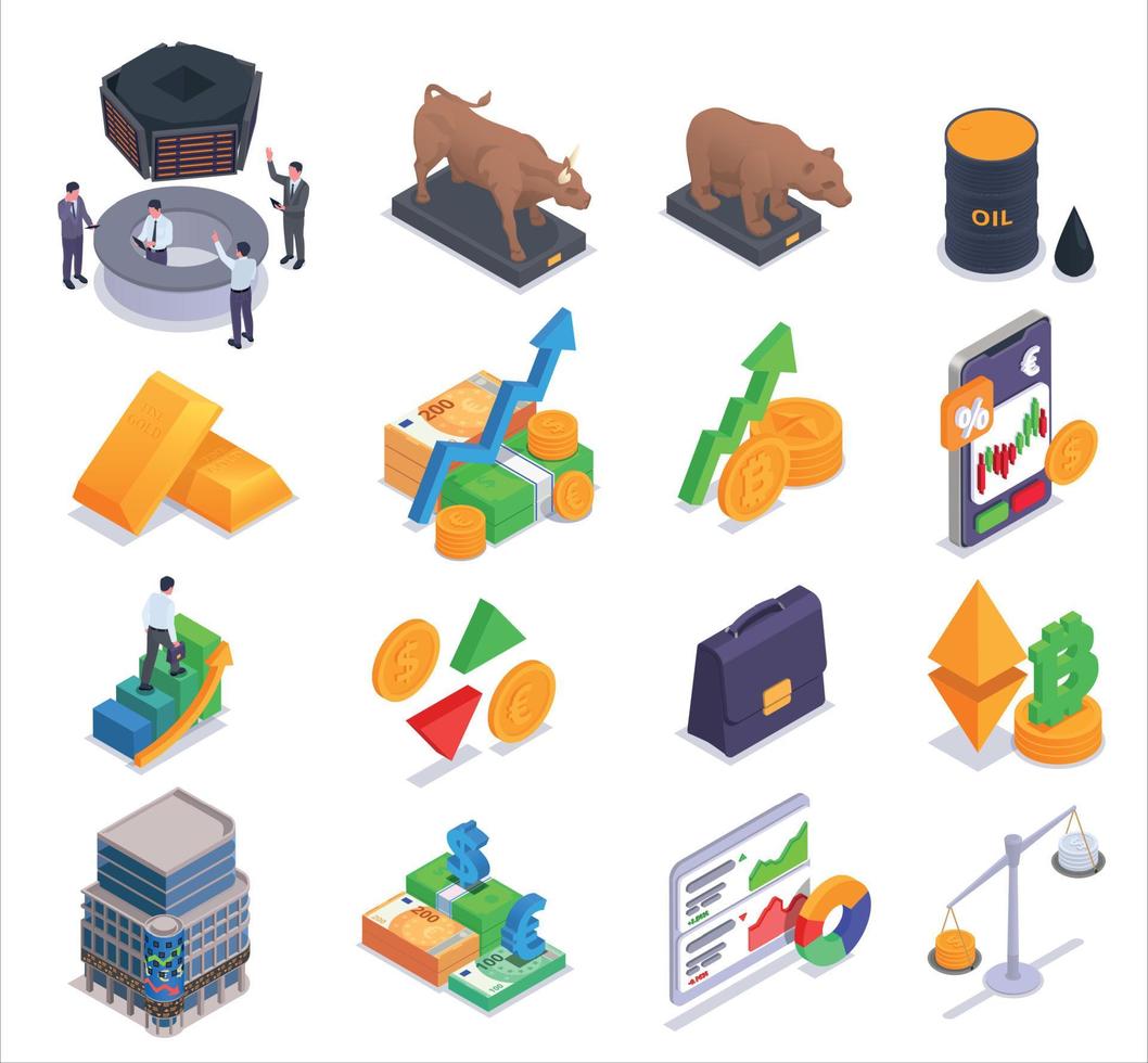 beurs financiële markt handel isometrische icon set vector