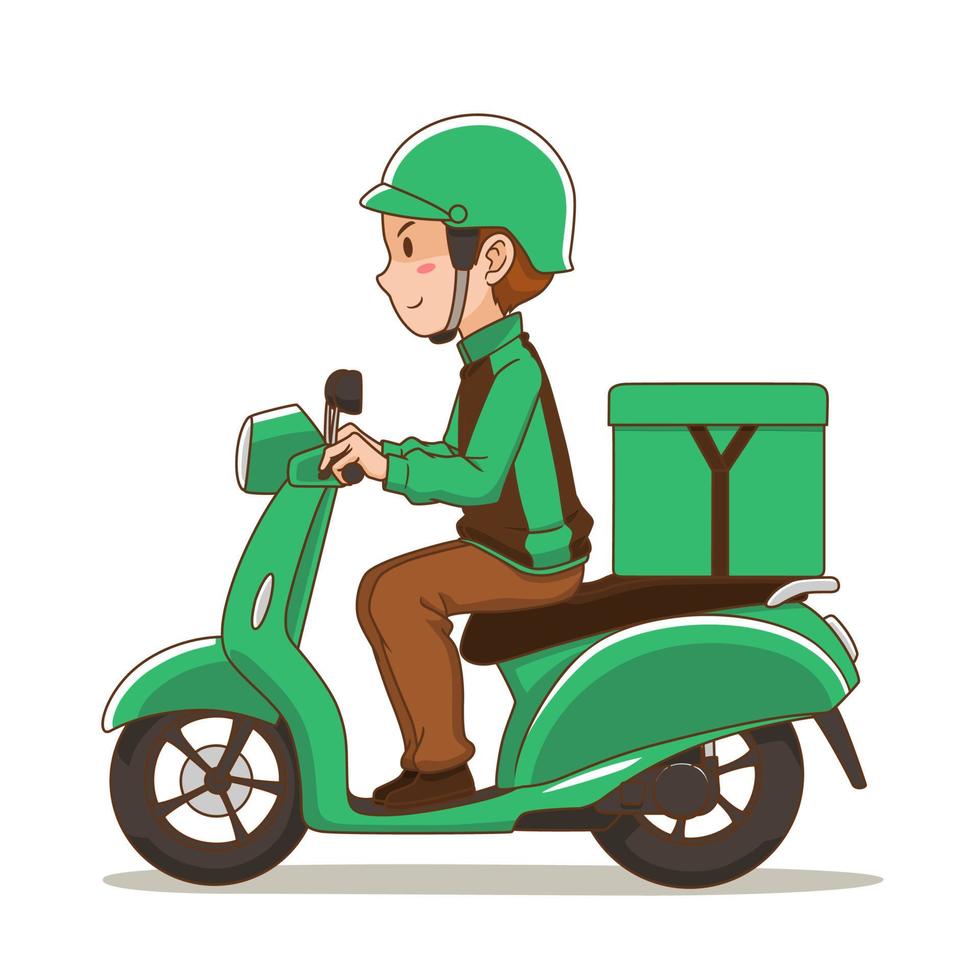 stripfiguur van voedselbezorger die op groene motorfiets rijdt. vector