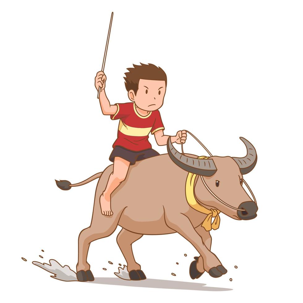 stripfiguur van jongen die buffels berijdt in buffalo racing festival. vector