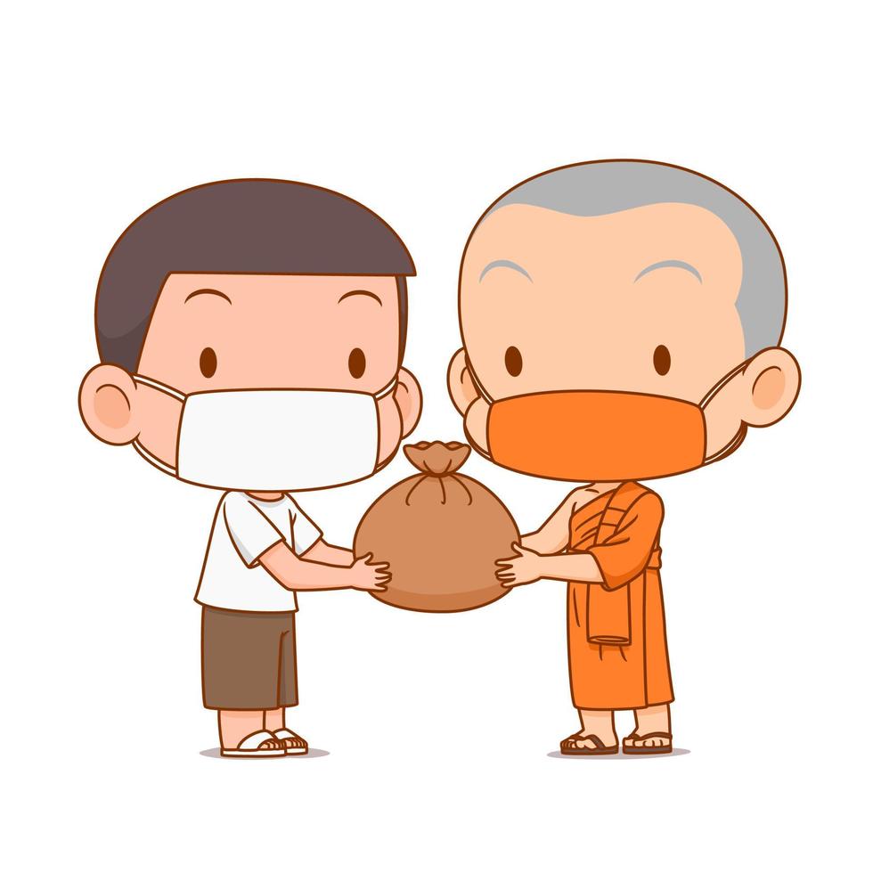 cartoon afbeelding van monnik die overlevingstas geeft aan mensen, ze dragen allebei een masker. vector