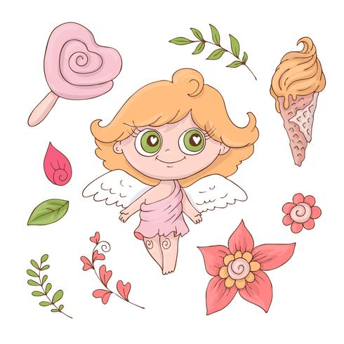 Set van cute cartoon engelen voor Valentijnsdag met accessoires vector