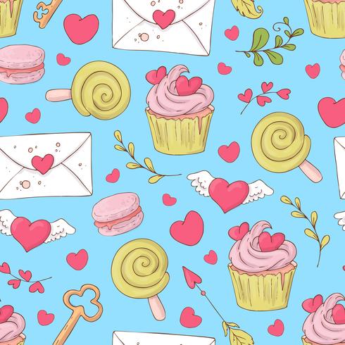 St. Valentine&#39;s Day naadloze patroon met cupcakes. Vector illustratie.