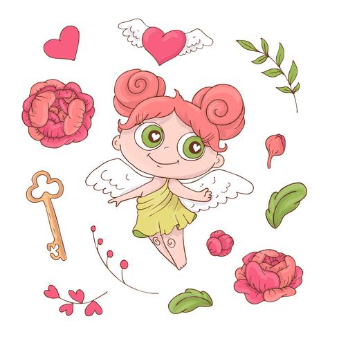 Set van cute cartoon engelen voor Valentijnsdag met accessoires vector