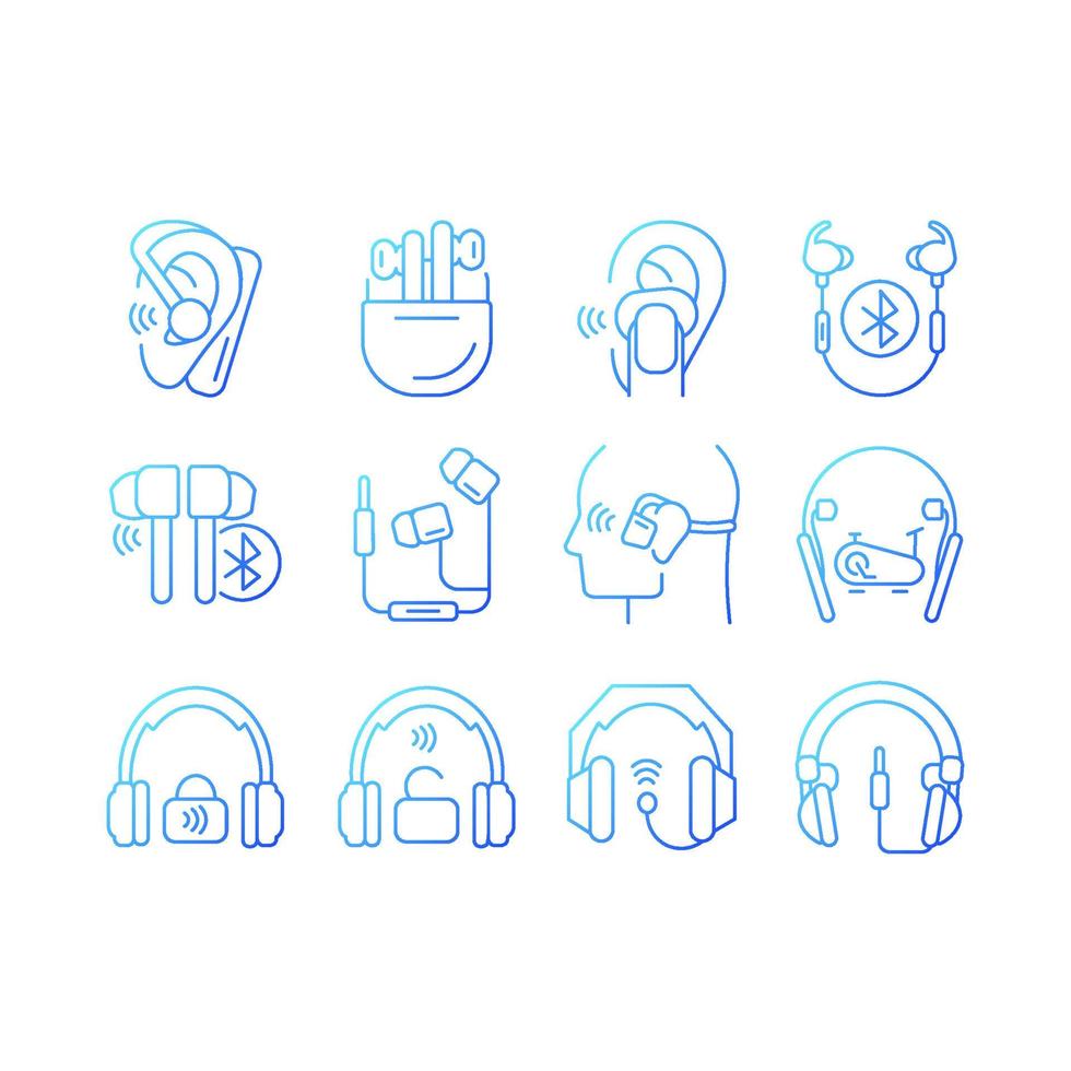 verschillende soorten hoofdtelefoons gradiënt lineaire vector iconen set. in oordopjes. oortelefoons voor het luisteren van muziek en oproepen. dunne lijn contour symbolen bundel. geïsoleerde overzicht illustraties collectie