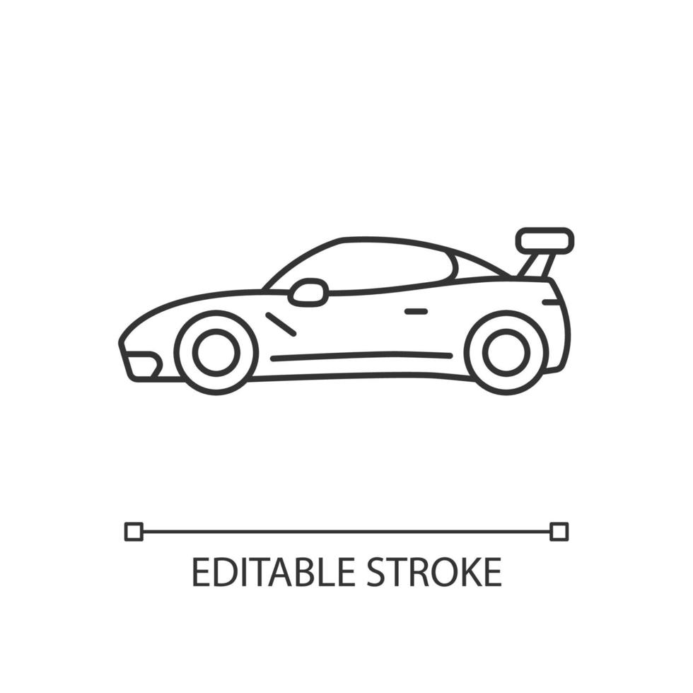 supercar lineaire pictogram. high-performance luxe sportwagen. exotische auto. auto van wereldklasse. dunne lijn aanpasbare illustratie. contour symbool. vector geïsoleerde overzichtstekening. bewerkbare streek