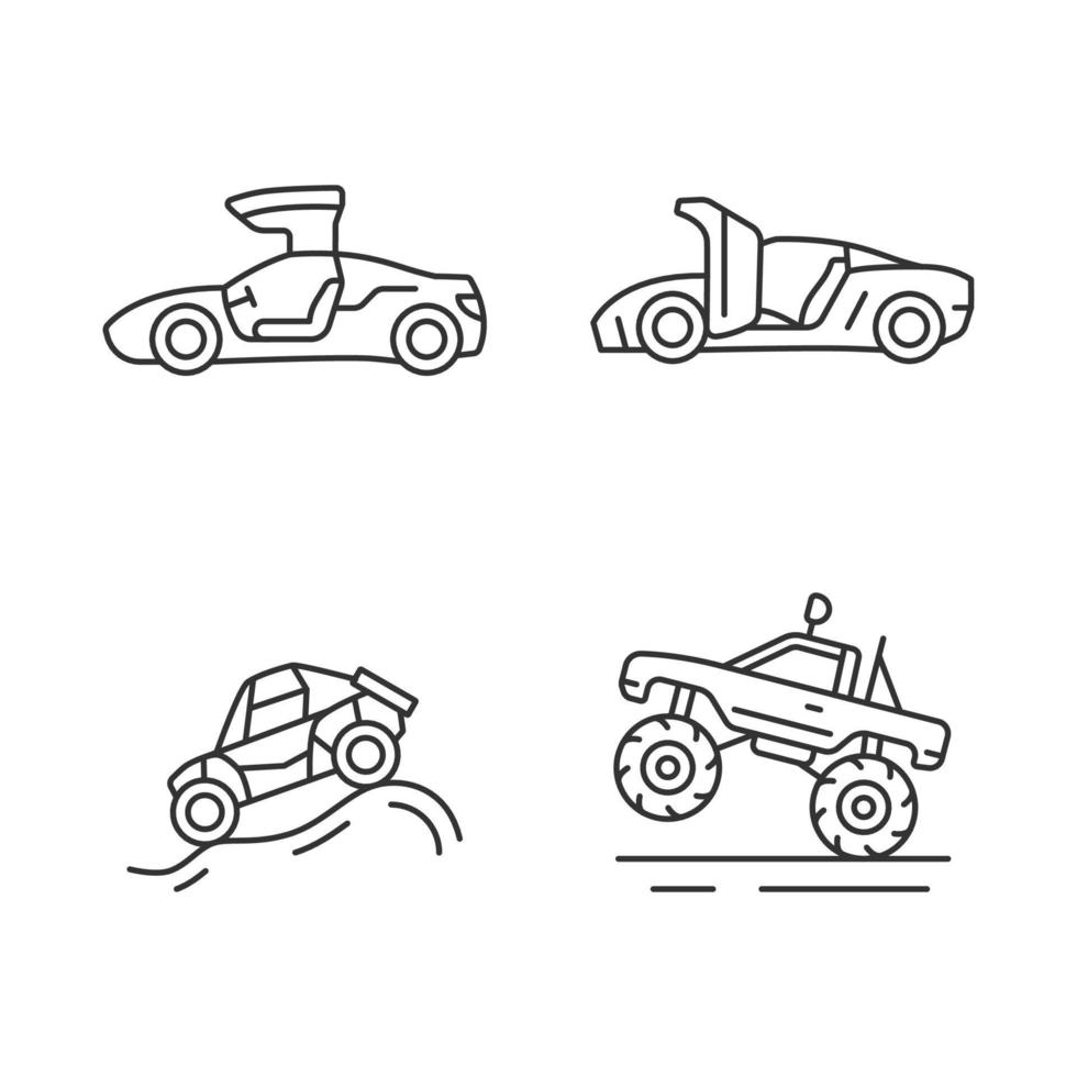 rijden speciaal aangepaste voertuigen lineaire pictogrammen instellen. scharnier mechanisme. off-road racen. monster Truck. aanpasbare dunne lijncontoursymbolen. geïsoleerde vectoroverzichtsillustraties. bewerkbare streek vector