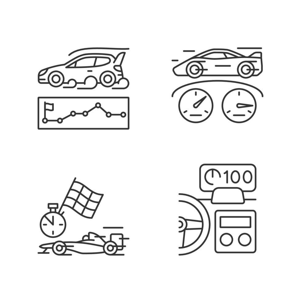 auto's racen voor competitie lineaire pictogrammen instellen. rally evenement. test auto limieten. head-up-display. aanpasbare dunne lijncontoursymbolen. geïsoleerde vectoroverzichtsillustraties. bewerkbare streek vector