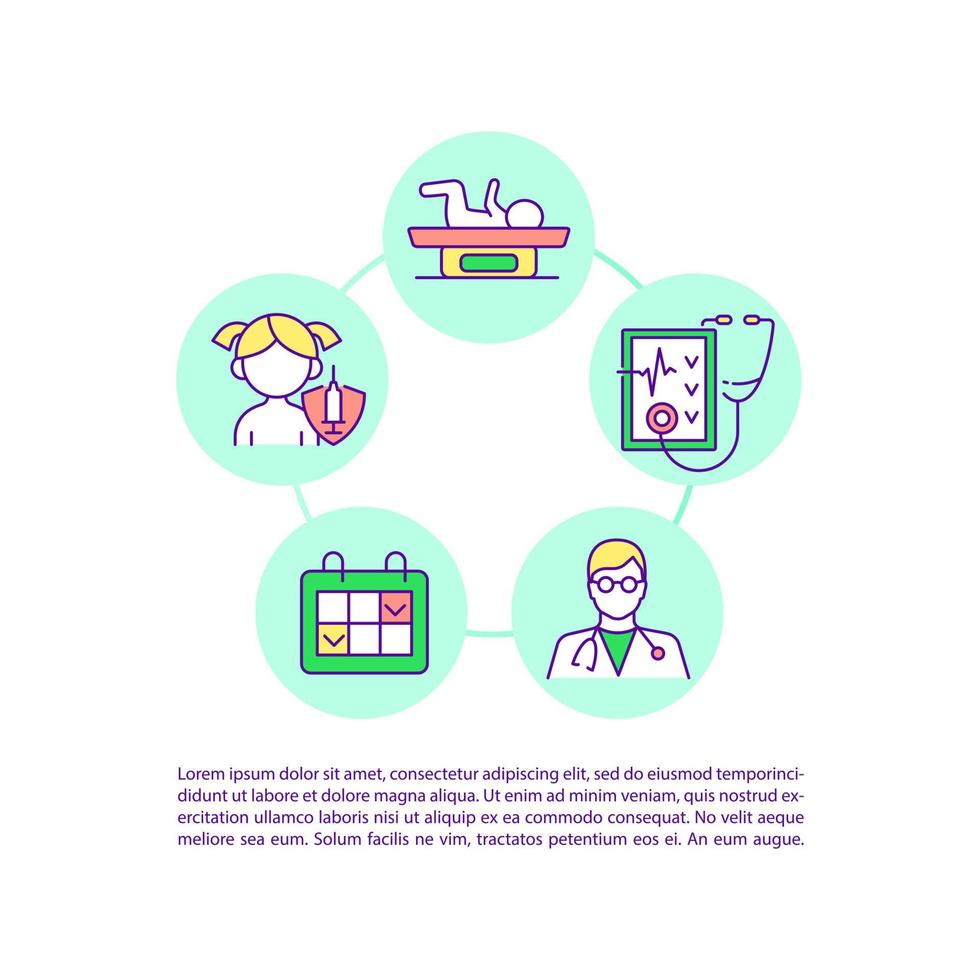 regelmatige gezondheidscontroles concept lijn pictogrammen met tekst. ppt vector paginasjabloon met kopie ruimte. brochure, tijdschrift, nieuwsbriefontwerpelement. kind medisch onderzoek lineaire illustraties op wit