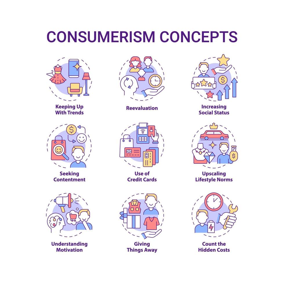 consumentisme concept pictogrammen instellen. gedachteloos kopen. redenen om meer te kopen. geld uitgeven. overmatig koopidee dunne lijn kleurenillustraties. vector geïsoleerde overzichtstekeningen. bewerkbare streek