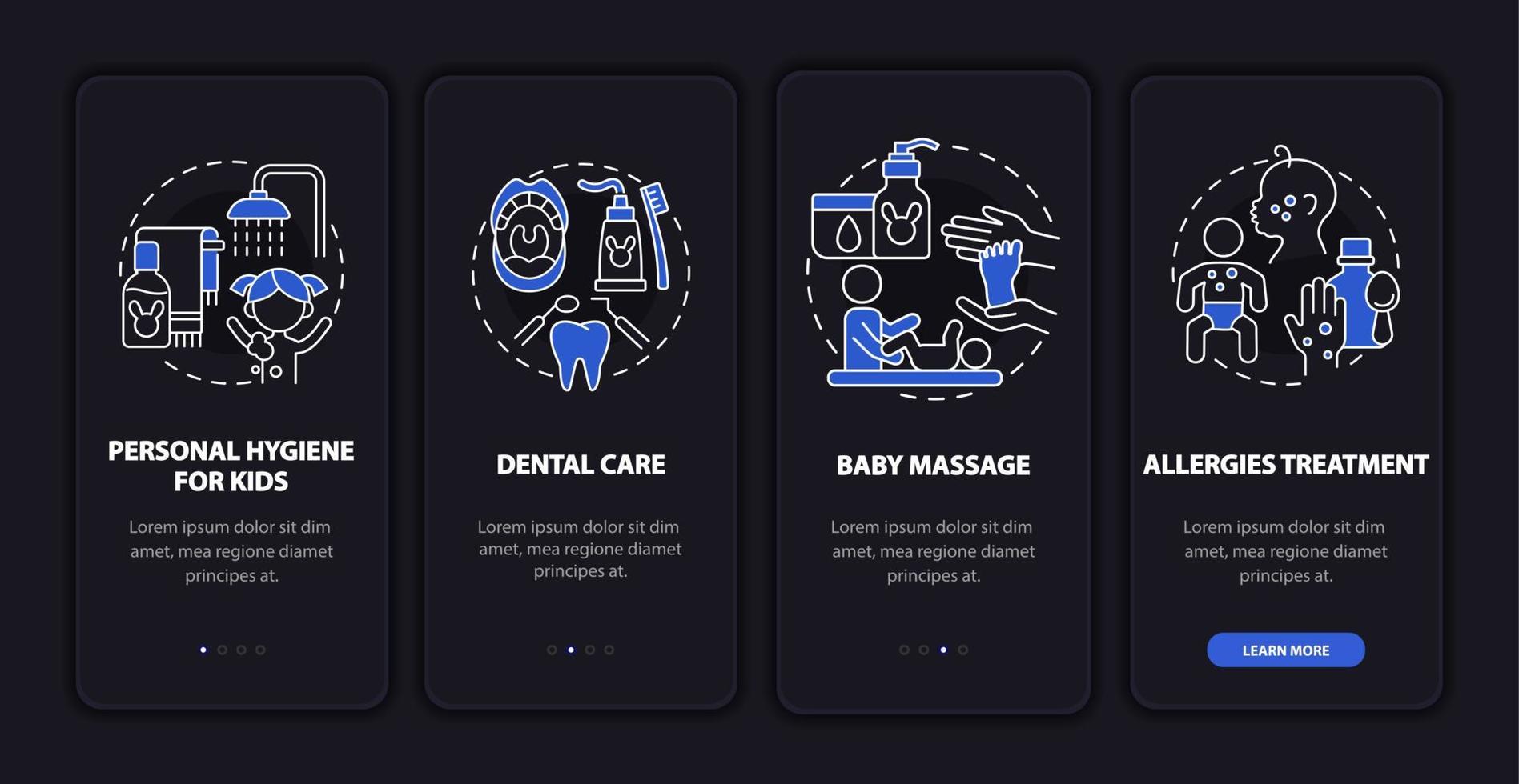 kinderopvang onboarding mobiele app paginascherm. baby fysieke gezondheid walkthrough 4 stappen grafische instructies met concepten. ui, ux, gui vectorsjabloon met illustraties in lineaire nachtmodus vector