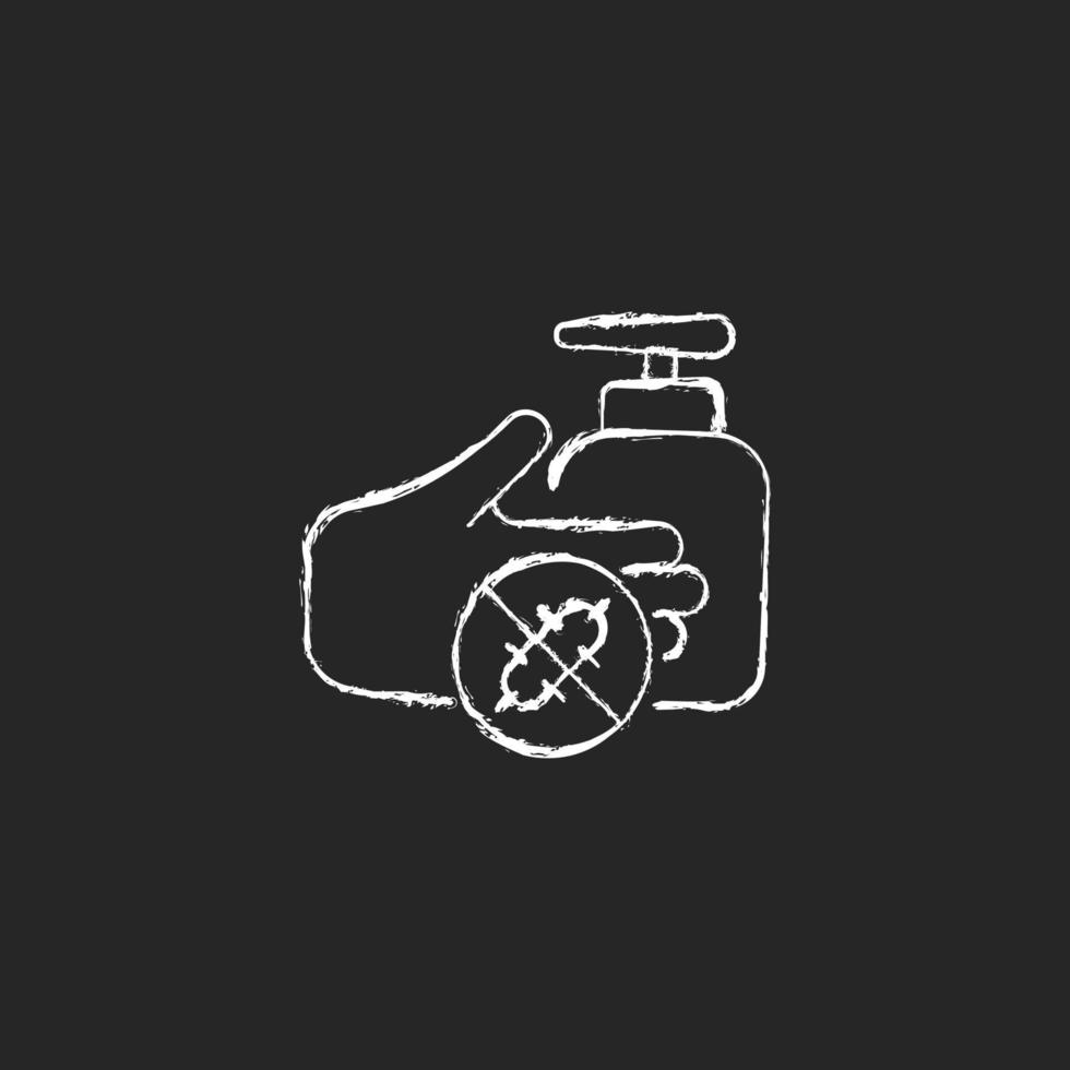 antiseptische handen wassen krijt wit pictogram op donkere achtergrond. hand ontsmettingsmiddel. antiseptische handwrijven. verspreiding van bacteriën te voorkomen. product op alcoholbasis. geïsoleerde vector schoolbord illustratie op zwart