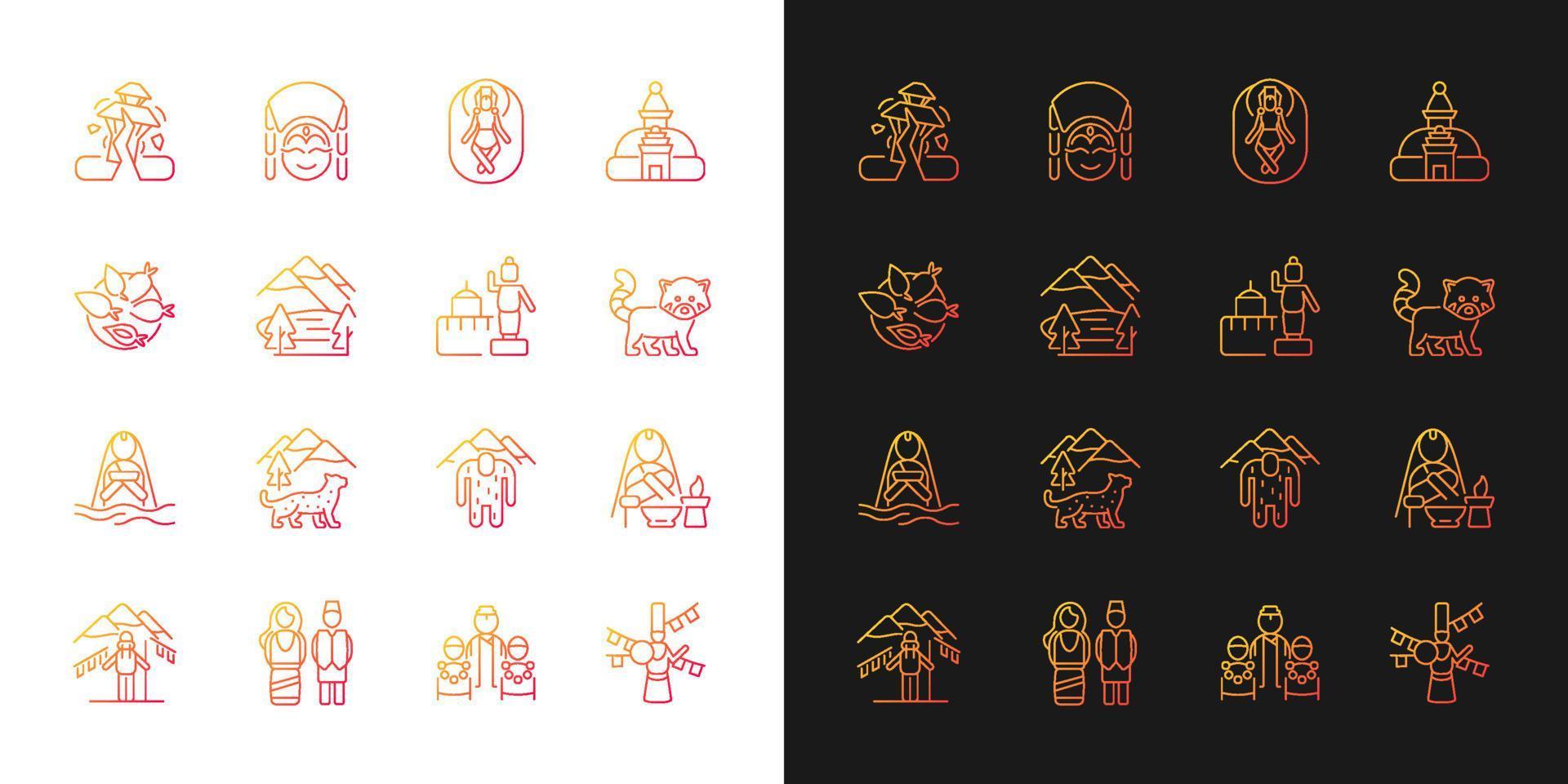 Nepal cultureel erfgoed verloop pictogrammen ingesteld voor donkere en lichte modus. religieuze feesten. dunne lijn contour symbolen bundel. geïsoleerde vector overzicht illustraties collectie op zwart-wit