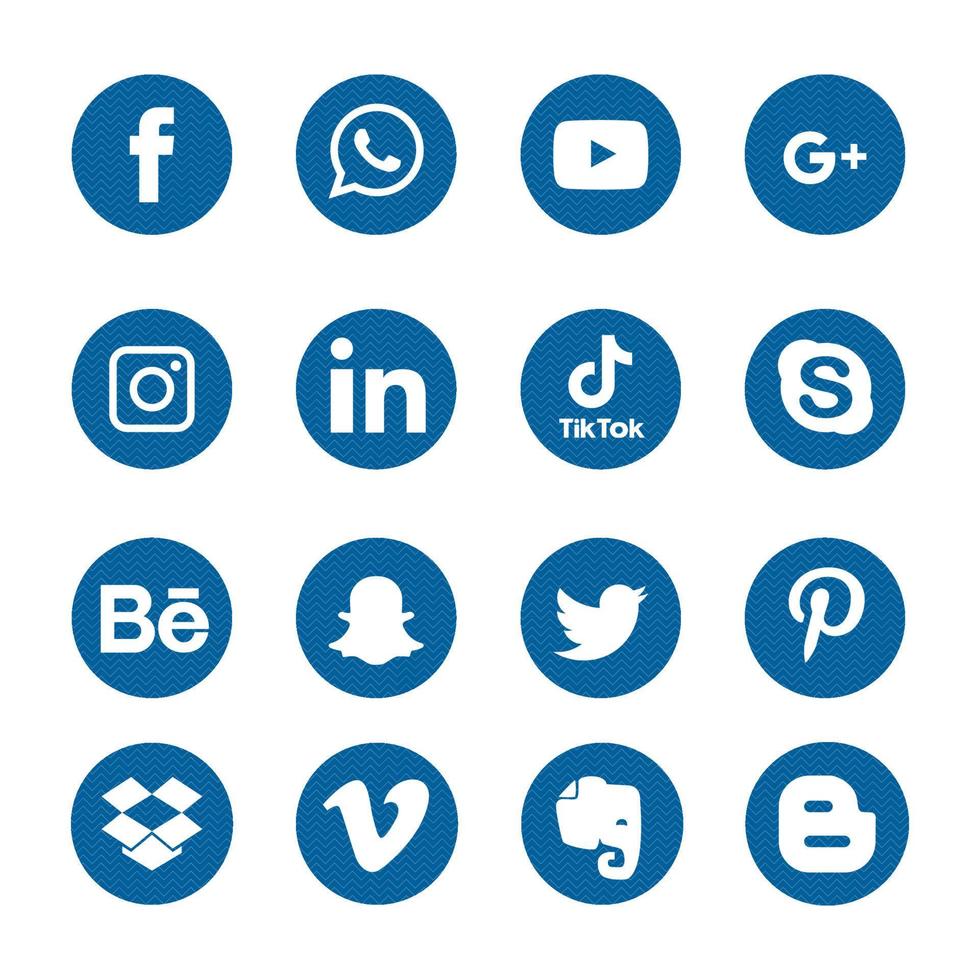 sociale media plat pictogrammen set gelinkt in, pinterest, groep, drop box, olifant, veemo bechance. delen, zoals, vectorillustratie twitter, youtube, whatsapp, snapchat, facebook, instagram, tiktok, tok vector