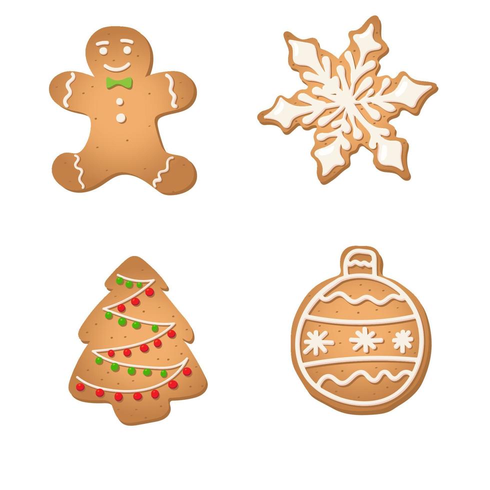 een set peperkoekkoekjes voor kerstmis. kerstboom, kerstbal, sneeuwvlok, gemberman vector