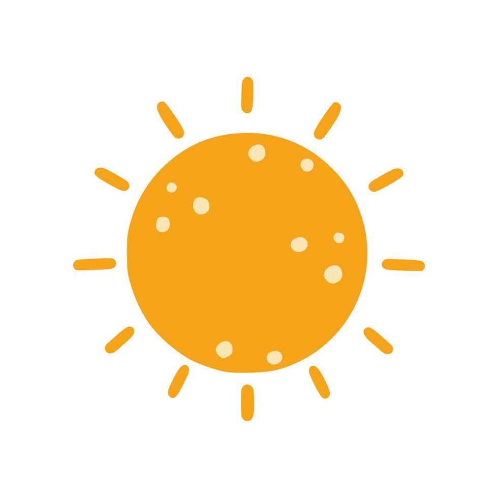schattige oranje zon met stippen. vectorillustratie in doodle stijl. weervoorspelling. handgetekende tekening voor kinderen. vector