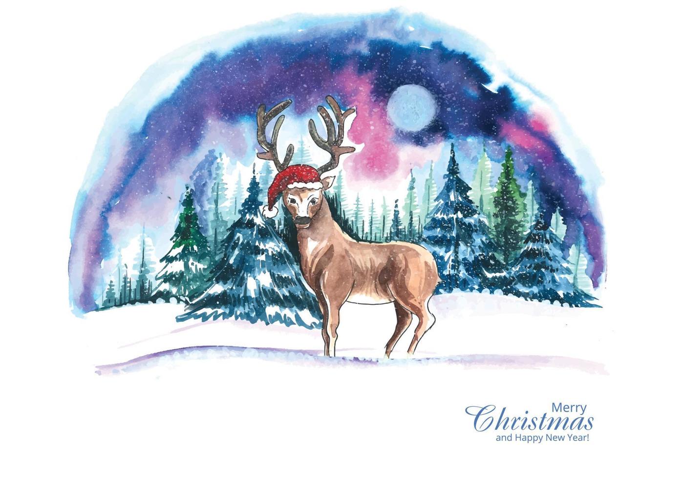 handgetekende kerst herten landschap bomen aquarel achtergrond vector