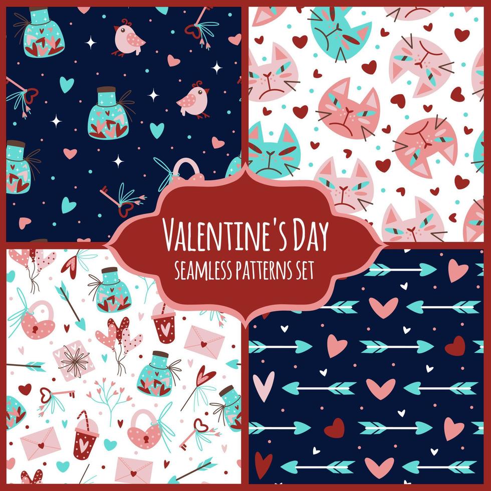 happy Valentijnsdag set van naadloze vector patronen. handgetekende achtergronden voor decoratie, kaartontwerp, textiel, web. liefdessymbolen - hart, cupido's pijl, romantische boodschap. plat cartoonconcept.