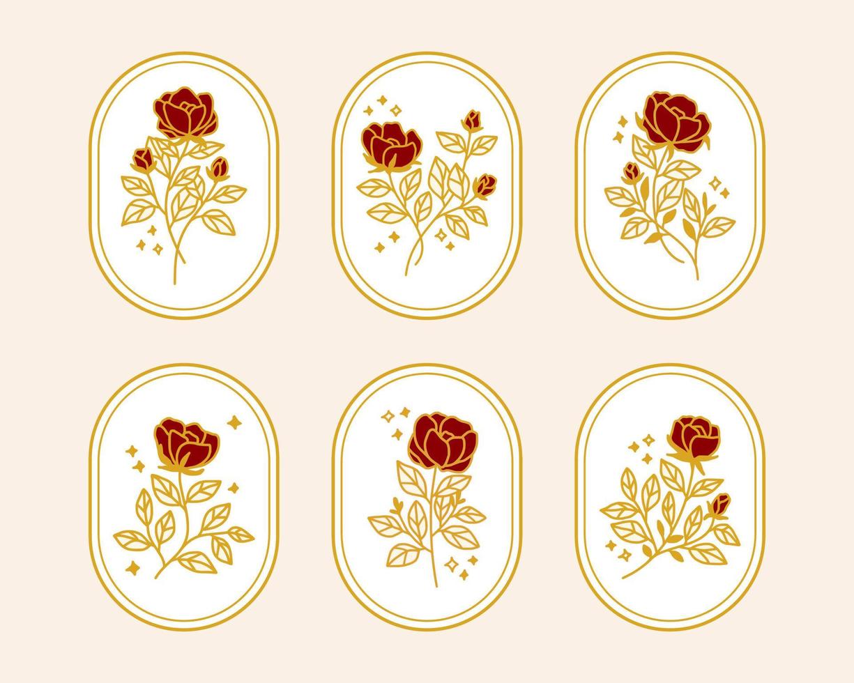 set handgetekende vintage roze bloem vrouwelijk en schoonheidslogo-elementen vector