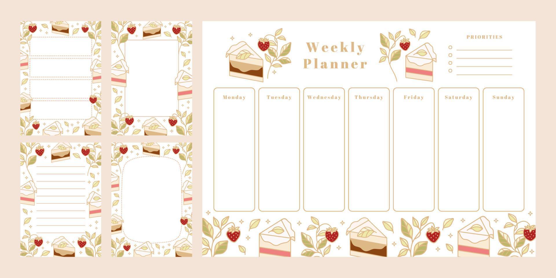 set van wekelijkse planner, dagelijkse takenlijst, kladblok-sjablonen, schoolplanner met handgetekende cake-, bloemen- en aardbei-elementen vector