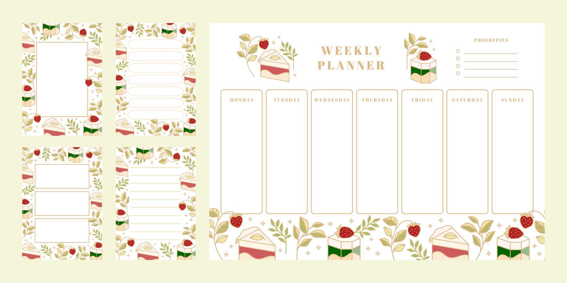 set van wekelijkse planner, dagelijkse takenlijst, kladblok-sjablonen, schoolplanner met handgetekende cake-, bloemen- en aardbei-elementen vector