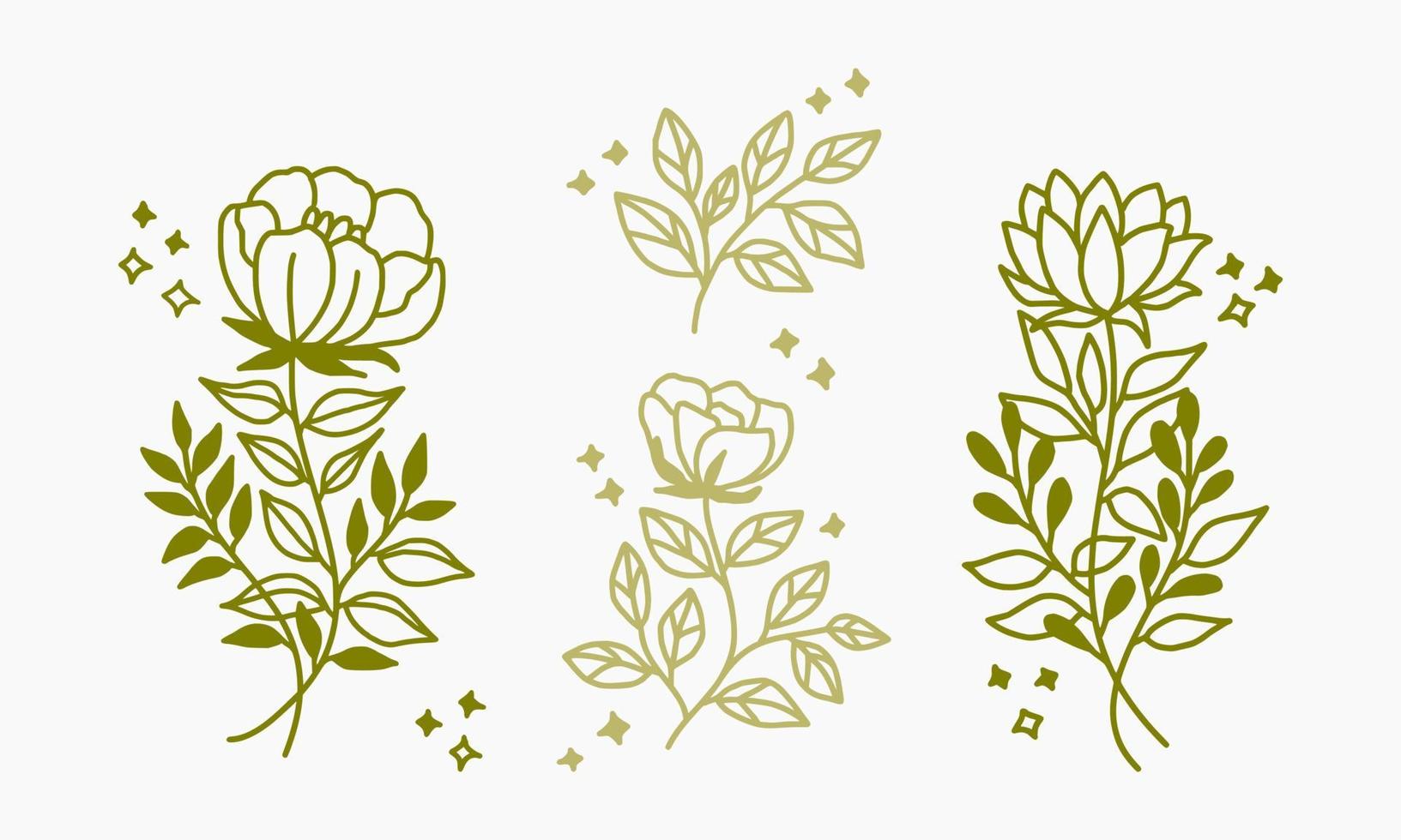 set handgetekende vintage lineaire bloem- en plantelementen voor logo of decoratie vector