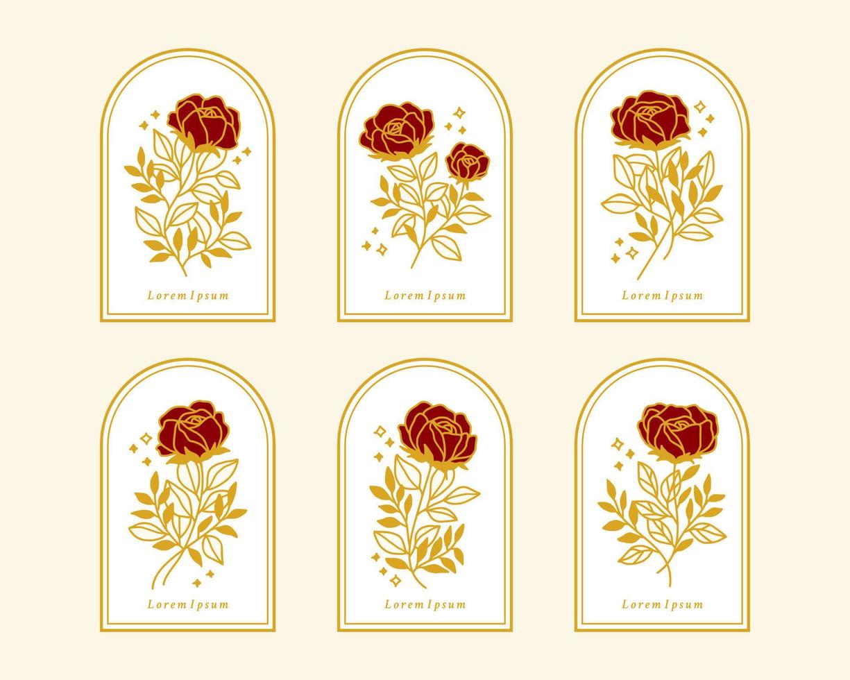 set handgetekende vintage roze bloem vrouwelijk en schoonheidslogo-elementen vector