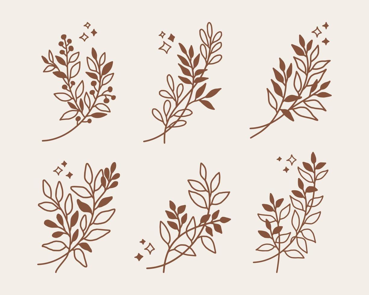 set handgetekende vintage lineaire bladtak- en plantelementen voor logo of decoratie vector