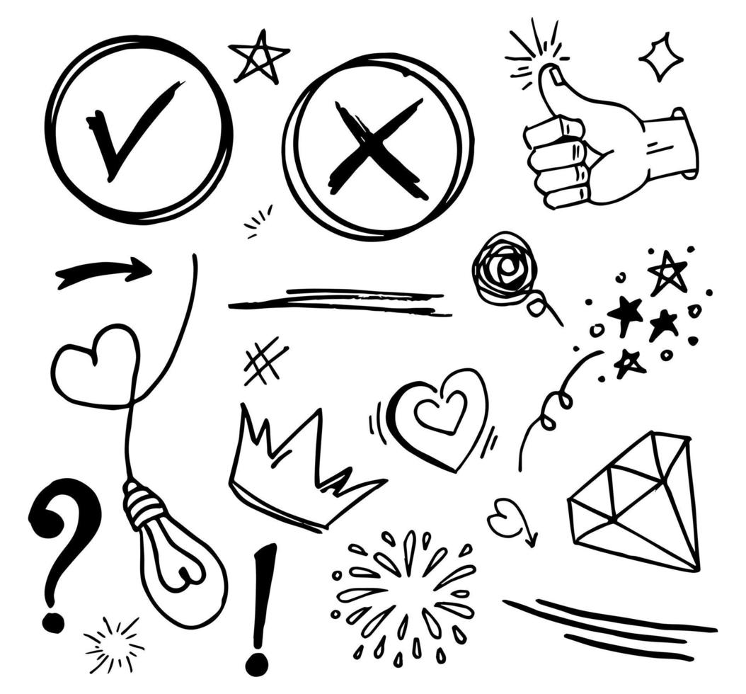 doodle vector set illustratie met hand loting lijn kunst stijl vector. kroon, koning, zon, pijl, hart, liefde, ster, werveling, swoops, nadruk, voor conceptontwerp