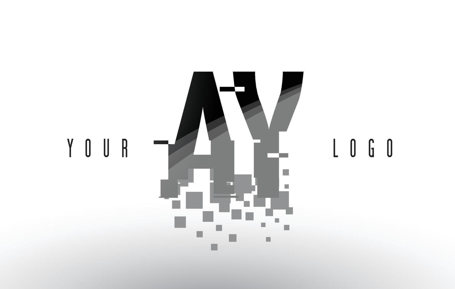 ay ay pixel letter logo met digitale verbrijzelde zwarte vierkanten vector