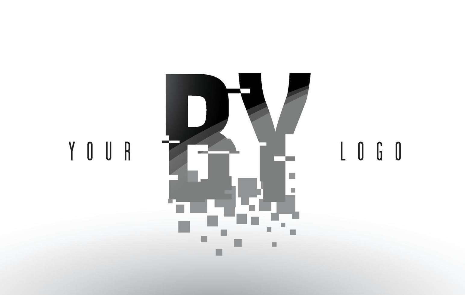 by by pixel letterlogo met digitale verbrijzelde zwarte vierkanten vector