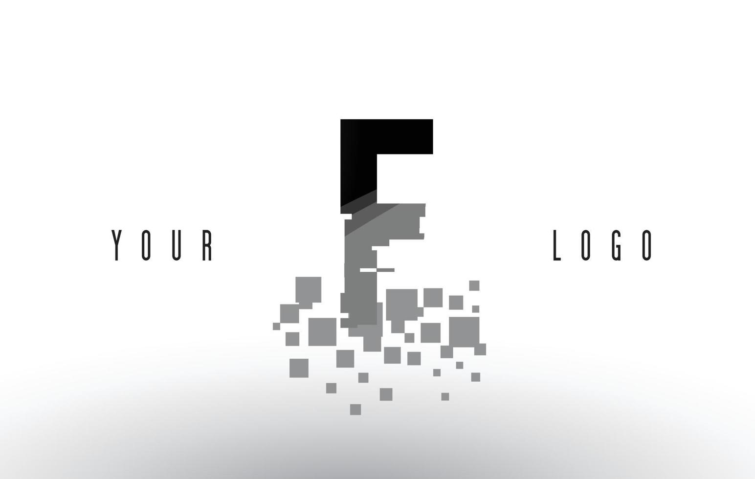 F-pixel letterlogo met digitale verbrijzelde zwarte vierkanten vector