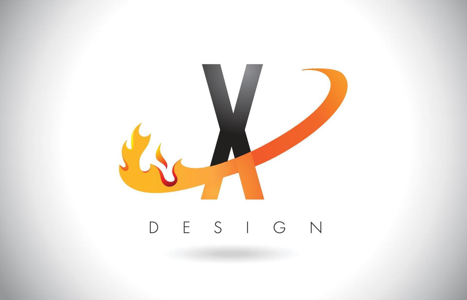 x-letterlogo met vuurvlamontwerp en oranje swoosh. vector