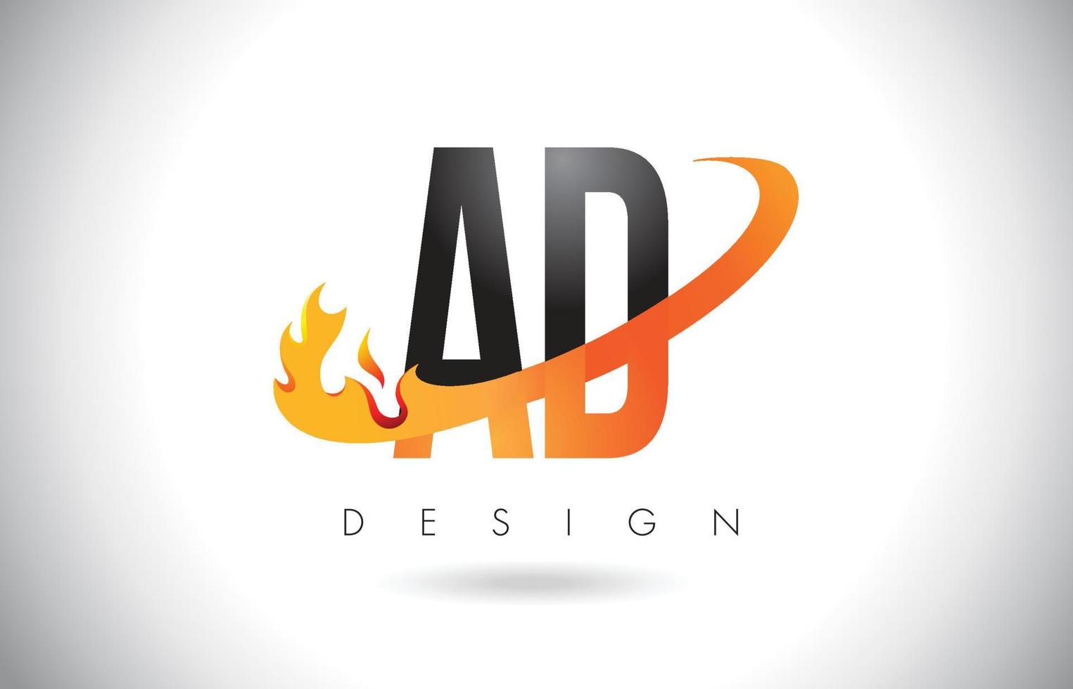 advertentie advertentie letter logo met vuur vlammen ontwerp en oranje swoosh. vector